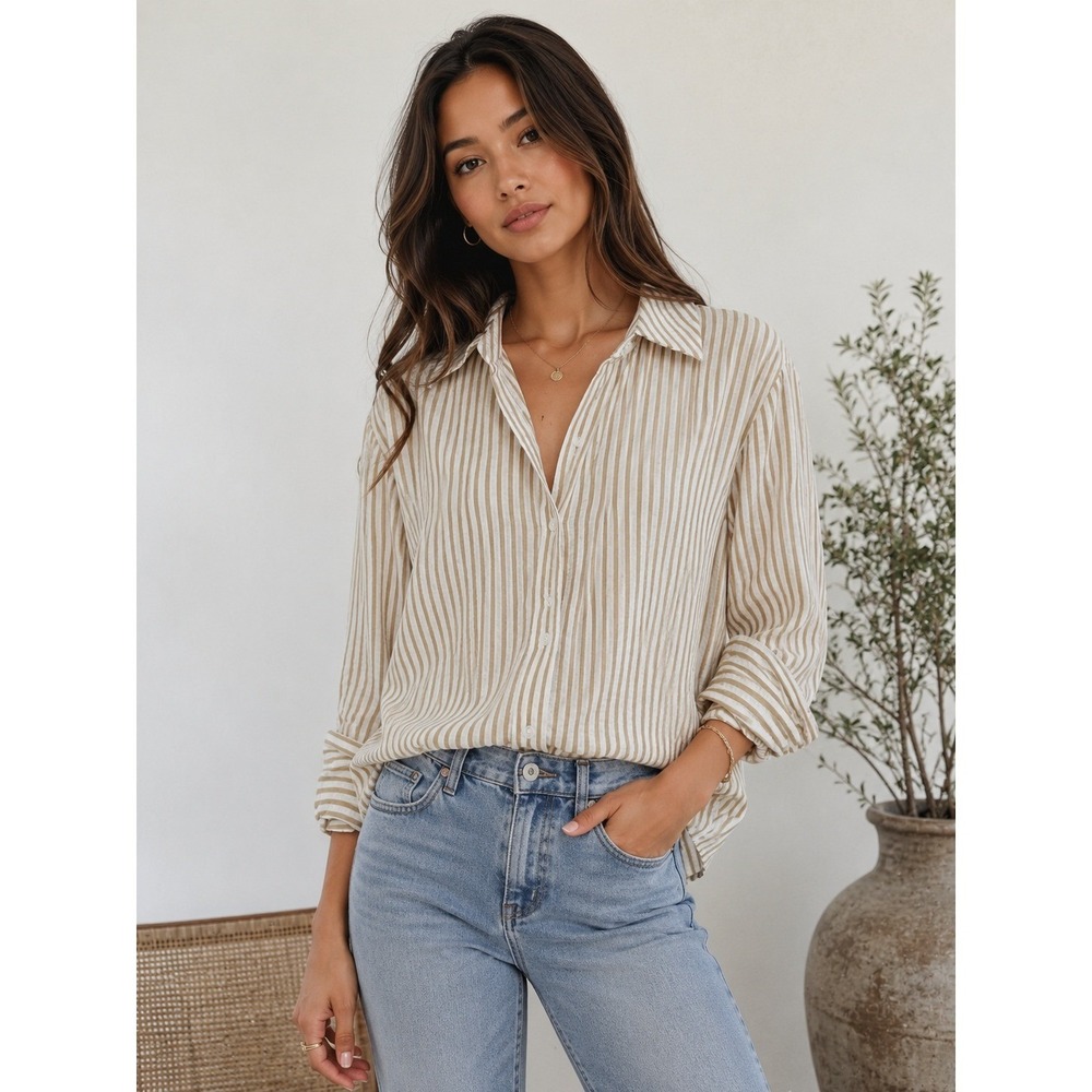 BLENCA Striped Button-Up Blouse Size Large Tan White Preppy Coastal Quiet Luxury